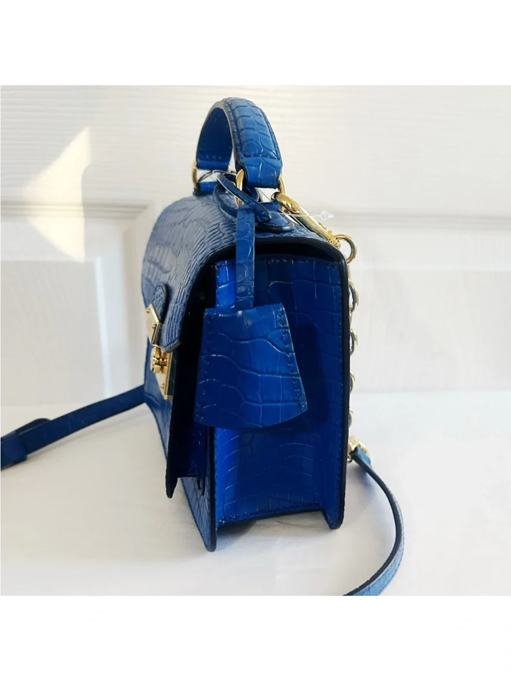 Lauren Ralph Lauren Blue Croc-Embossed Leather Top-Handle Bag with Gold Lock